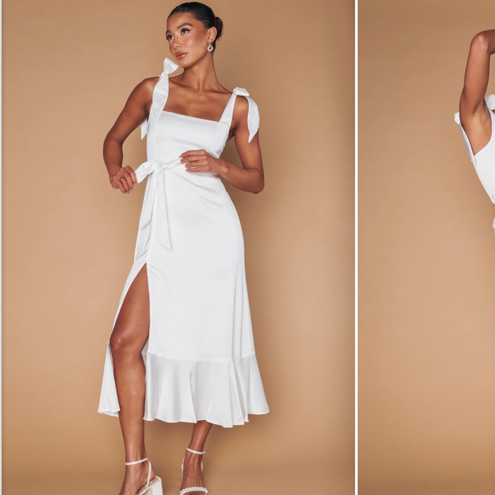 Show Me Your MuMu White Midi Tie-Strap Dress